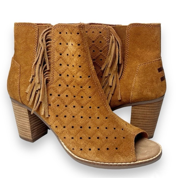 TOMS Majorca Peep Toe Ankle Boots 8 suede leather brown fringe boho booties zip - Picture 1 of 11